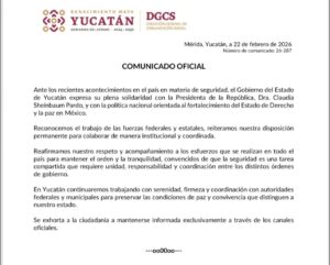 Comunicado Oficial Gobierno del Estado de Yucatán en respaldo a Claudia Sheinbaum.