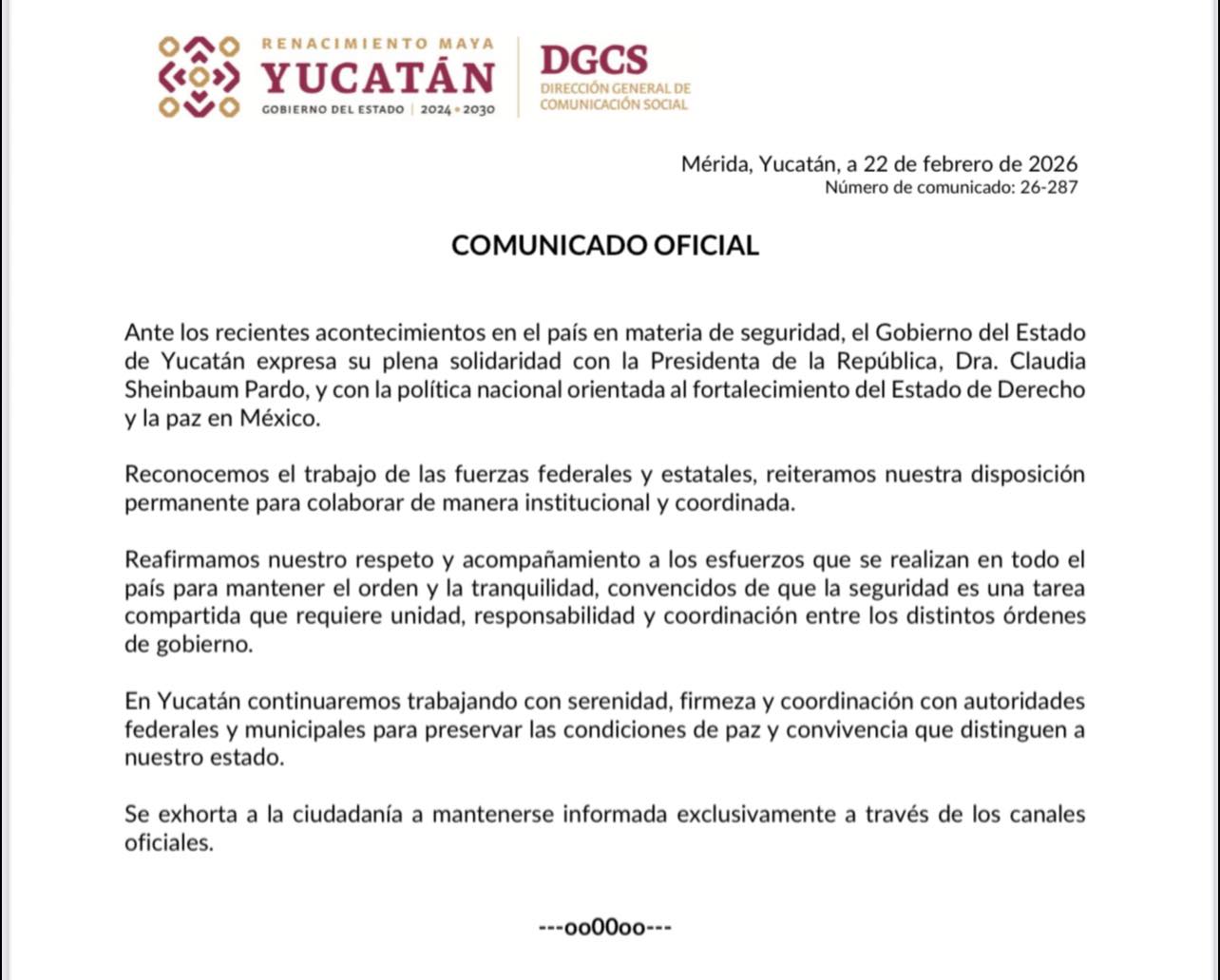 Comunicado Oficial Gobierno del Estado de Yucatán en respaldo a Claudia Sheinbaum.