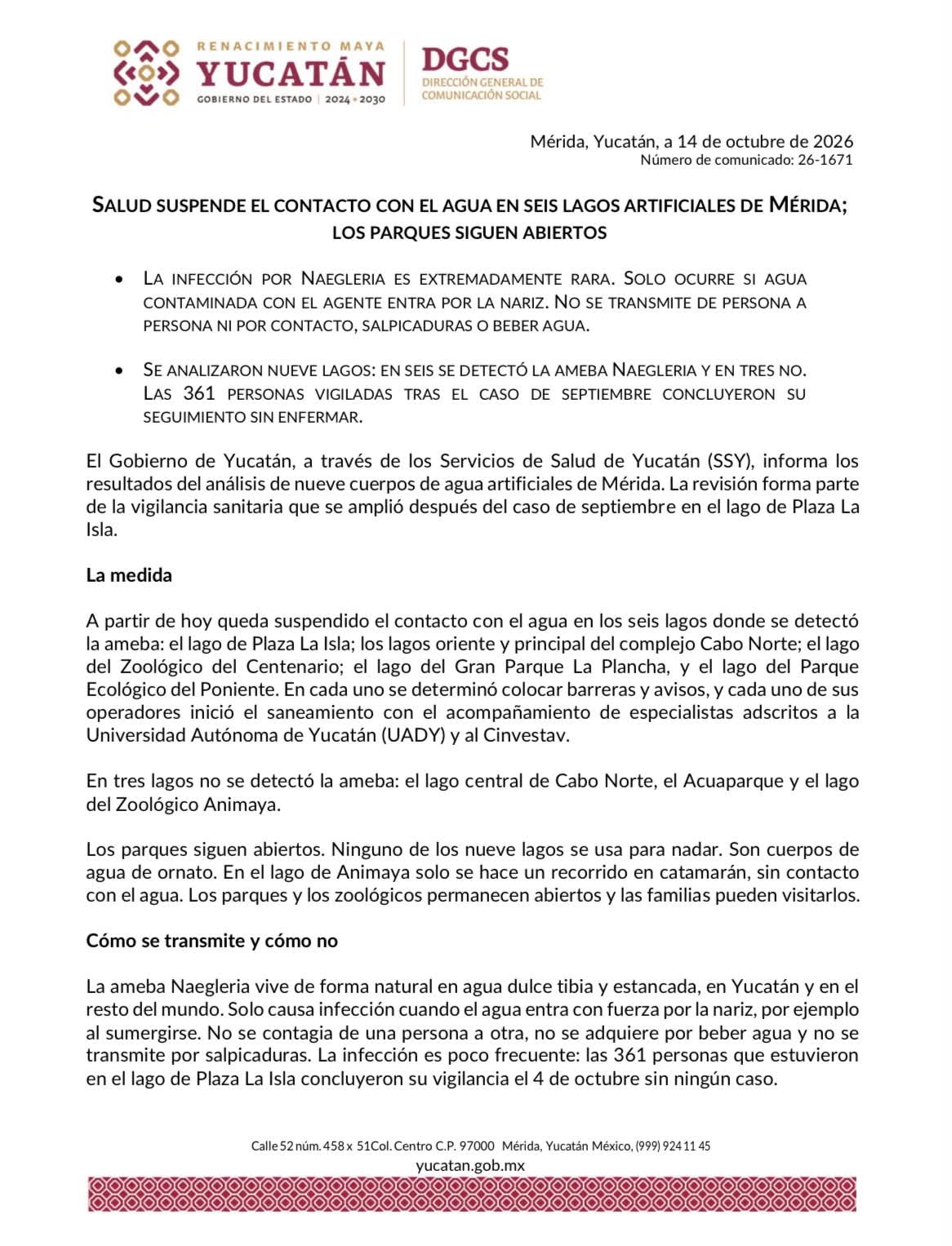 Salud suspende el contacto con el agua en seis lagos artificiales de Mérida; los parques siguen abiertos
